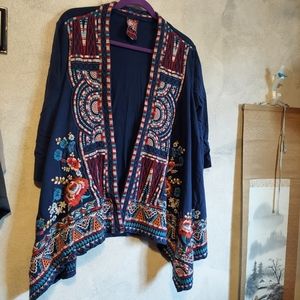 Cotton knit embroidered 3/4 sleeve jacket
